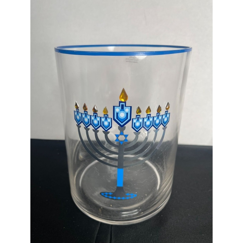 Hanukkah Menorah Glass Cylinder Vase Blue Silver Star of David 8 Inch Clear